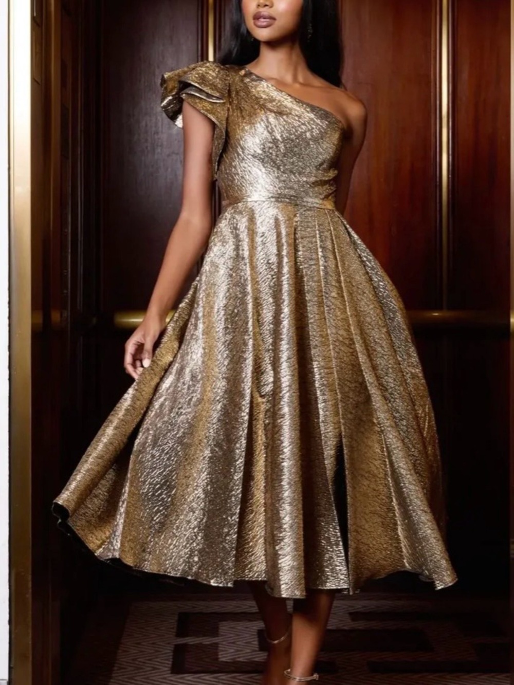 New Mac Duggal Gold One Shoulder Bow Midi Dress With Pockets - Picture 1 of 11